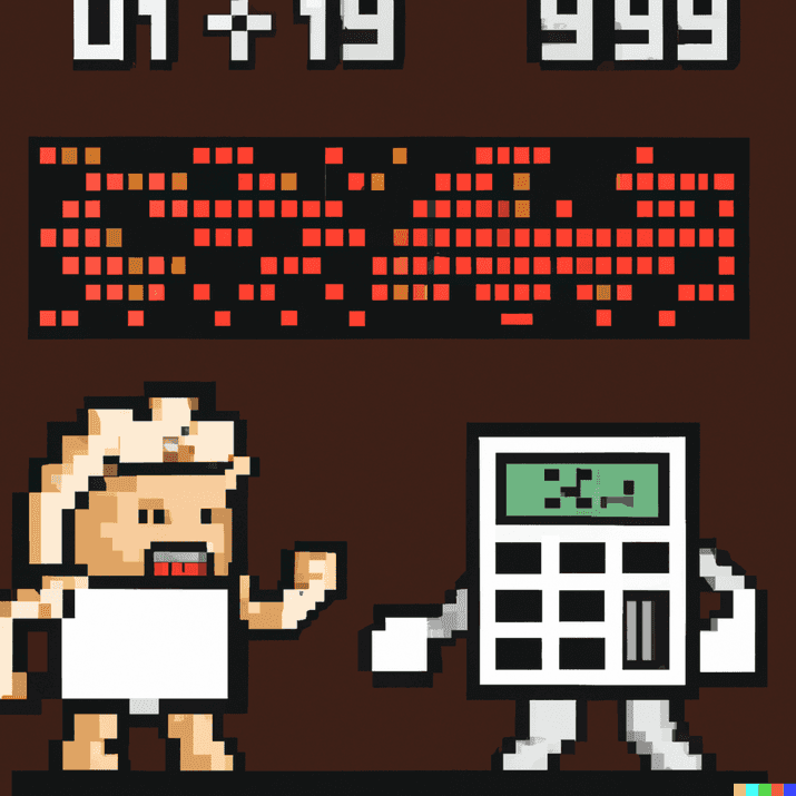 DALL-E - A calculator fighting einstein in a boxing match in pixel art