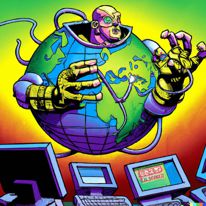 DALL-E - a computer overlord enslaving earth in the style of moebius