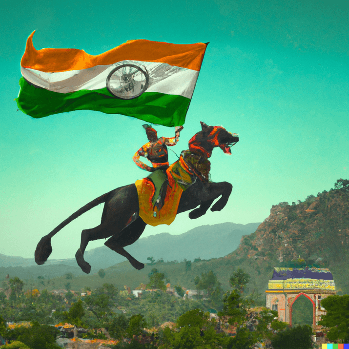 DALL E - High definition render of SS Rajamouli riding Tipu Sultan's tiger with an Indian flag in the style of RK Lakshman with Hollywood sign in the background