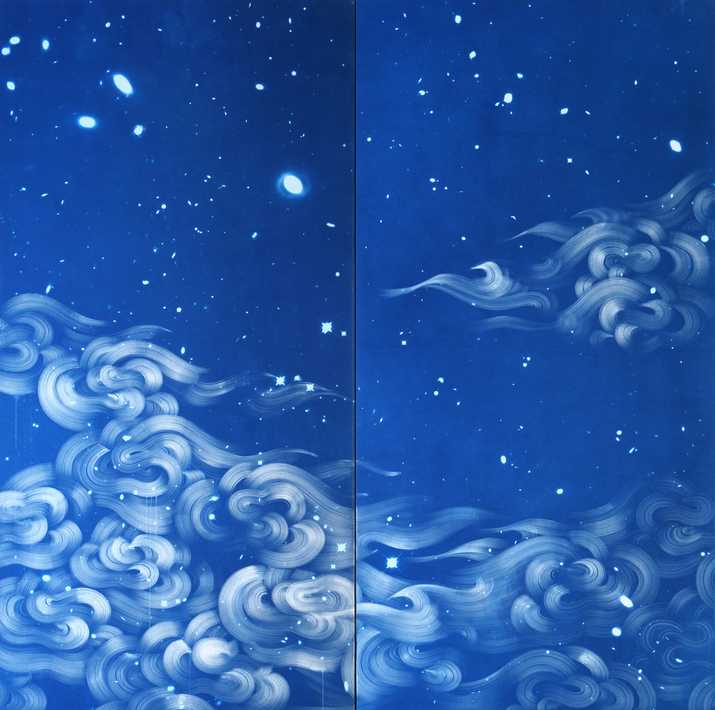 Ala Ebtekar, Zenith IV, 2023, Acrylic and charcoal underdrawing on cyanotype on canvas exposed by moonlight, 182.88 x 182.88 x 5.08 cm, Diptych