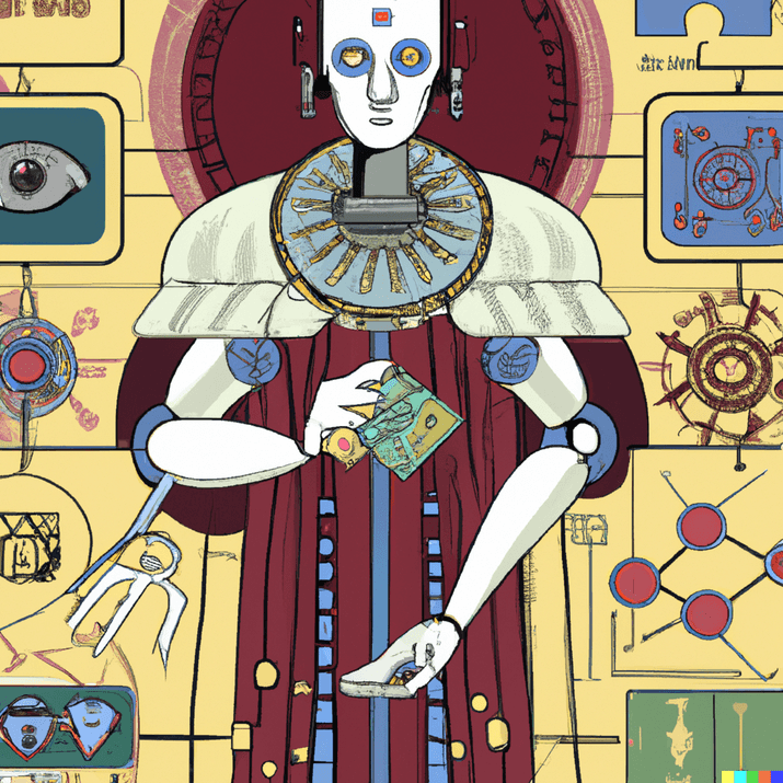 DALL-E -robot telling me my future using tarot cards and pythagoras theorem in the style of medieval Christian art