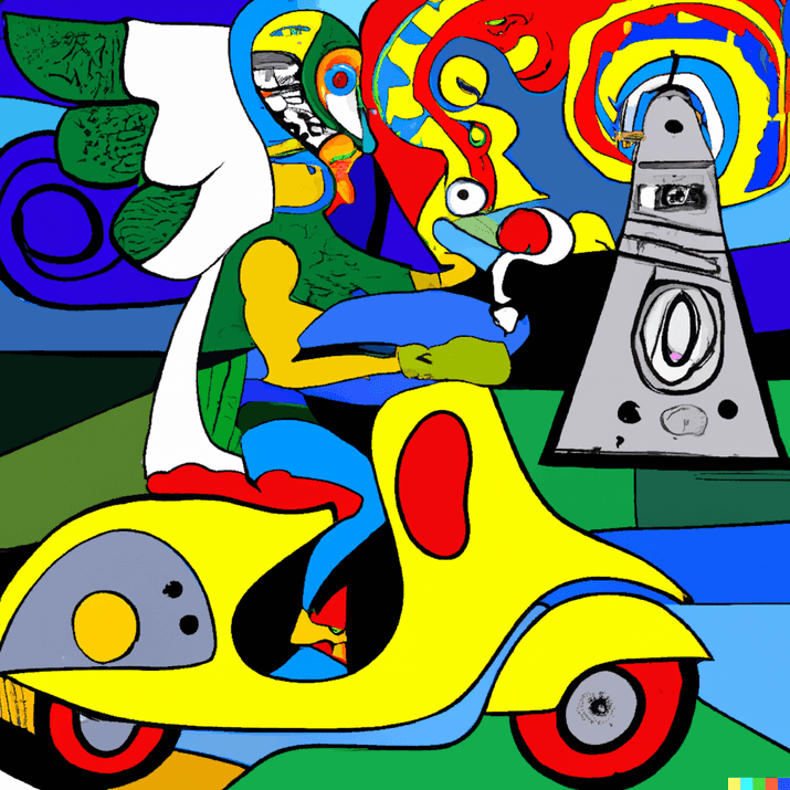 Psychedelic Thor on a winged vespa scooter over a hellscape in the style of Picasso by DALLE-2