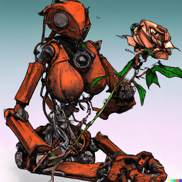 A rusting mechbot cyborg with exposed flesh and skeletal sections and wires holding a flower by DALLE-2