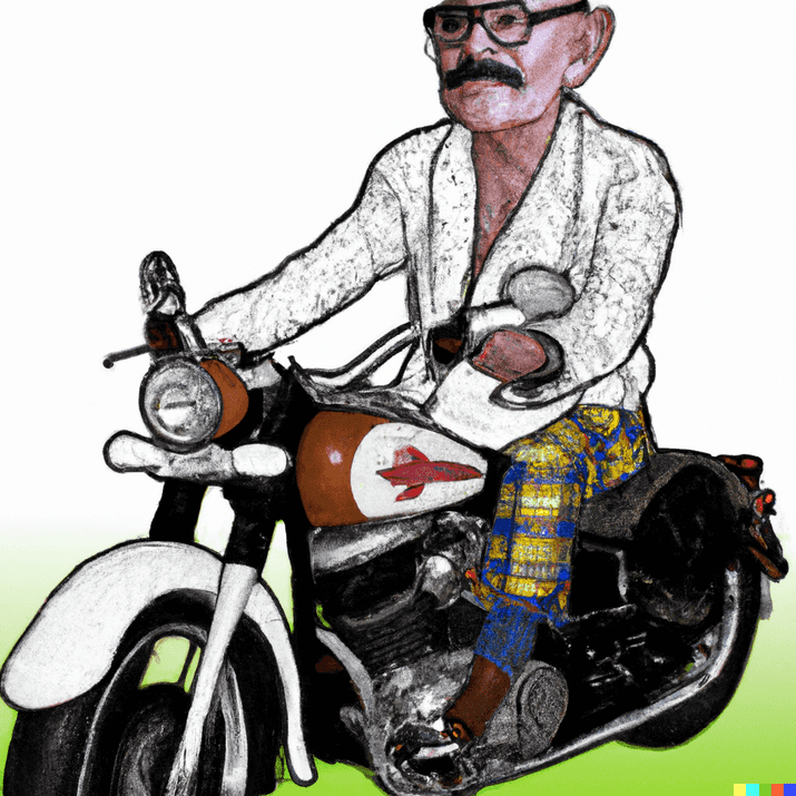 Gandhi on a Harley Davidson in the style of Robert Crumb by DALLE-2