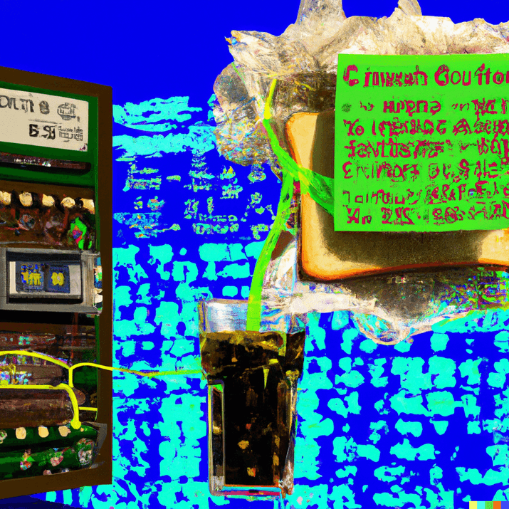 DALL-E - Babbage computer in the Metaverse floating through space calculating the math of crisps sandwiched and cola in the style of cold 3D animation