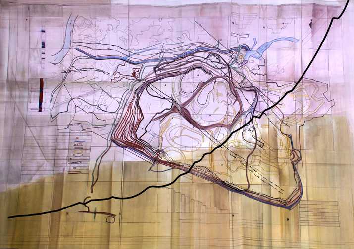 Navjot Altaf , How Perfect Perfection Can Be (20 17 - 2018 ). Watercolour drawing on Wasli paper and PVC on acrylic, 81.3 x 57.1 cm each. Graph: SECL (South Eastern Coal Fields Ltd), Raigarh area, Baroud open cast mine surface plan as of 2016 with graph of Coal India production. Image courtesy of the artist.