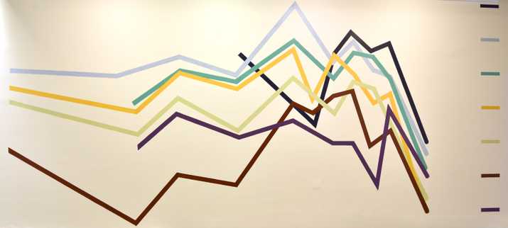 Navjot Altaf , Seriousness of Issues (2014-2015). Paint, Dimensions variable. Graph seven indices tracking ecological disasters for 12 countries (the list includes India) from 1992-2012. Indices include shortage of fresh - water, air pollution, water pollution and depletion of natural resources. Image Copyright & Courtesy: Chemould Prescott Road and the artist. Photo credit: Anil Rane.
