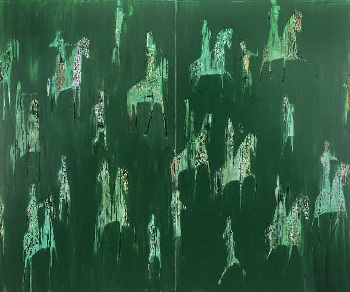 Reza Derakshani, The Green Grass Hunt, 2019, oil on canvas diptych, 200 x 240 cm